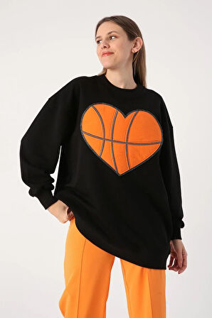 Siyah-Oversize Aplike Nakışlı Sweatshirt