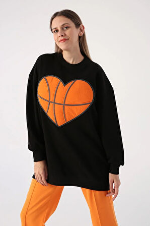 Siyah-Oversize Aplike Nakışlı Sweatshirt