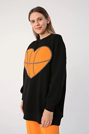 Siyah-Oversize Aplike Nakışlı Sweatshirt
