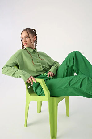 Yeşil-Paraşüt Kumaş Pile Detaylı Paçası Büzgülü Pantolon