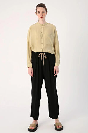 Siyah-Beli Lastikli Geniş Paça Pantolon