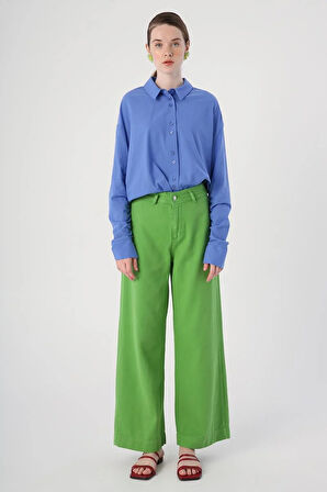 Yeşil-%100 Pamuk Yüksek Bel Bol Paça Pantolon