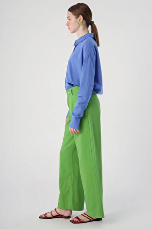 Yeşil-%100 Pamuk Yüksek Bel Bol Paça Pantolon