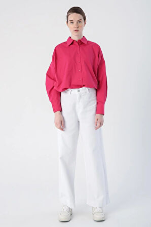 Beyaz-%100 Pamuk Yüksek Bel Bol Paça Pantolon