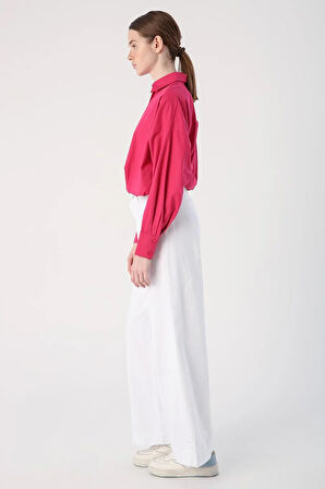 Beyaz-%100 Pamuk Yüksek Bel Bol Paça Pantolon