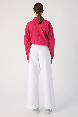 Beyaz-%100 Pamuk Yüksek Bel Bol Paça Pantolon