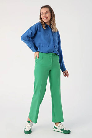 Yeşil01-Cepli Bol Paça Pantolon