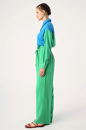 Çimen Yeşili-Beli Lastikli Pileli Bol Paça Viscon Pantolon