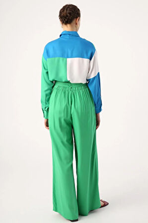 Çimen Yeşili-Beli Lastikli Pileli Bol Paça Viscon Pantolon