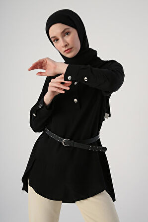 Siyah-Gömlek Yaka Yarım Patlı Yırtmaçlı Arkası Uzun Tunik