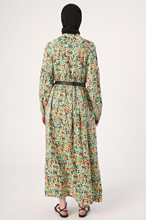 Sarı-Yeşil-Yakası Fularlı Emprime Desen Işıltılı Elbise