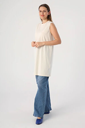 Ekru-Pamuklu Yaka Biyeli Kolsuz Tunik