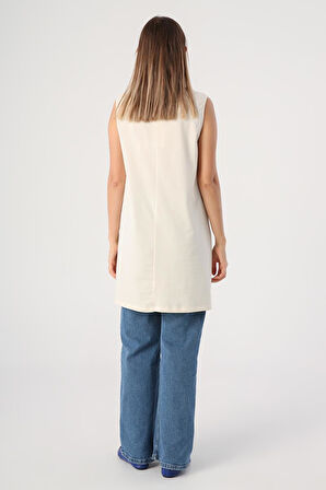 Ekru-Pamuklu Yaka Biyeli Kolsuz Tunik