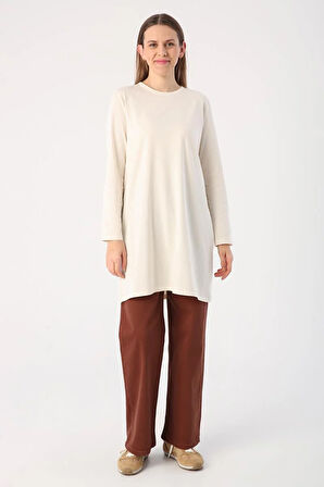 Ekru-Basic Pamuklu Süprem Sweat Tunik