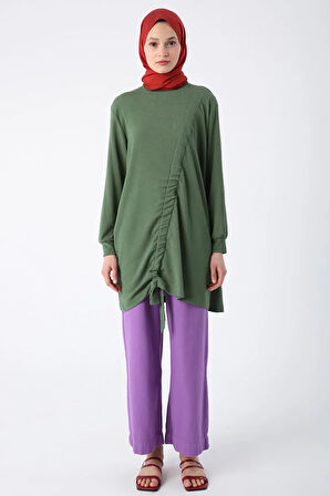 Yeşil-Büzgülü Bağlama Detaylı Bisiklet Yaka Tunik