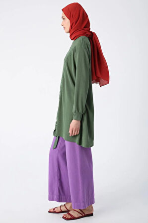 Yeşil-Büzgülü Bağlama Detaylı Bisiklet Yaka Tunik