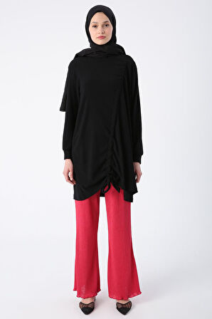 Siyah-Büzgülü Bağlama Detaylı Bisiklet Yaka Tunik