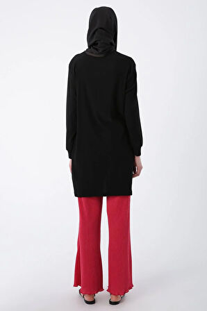 Siyah-Büzgülü Bağlama Detaylı Bisiklet Yaka Tunik