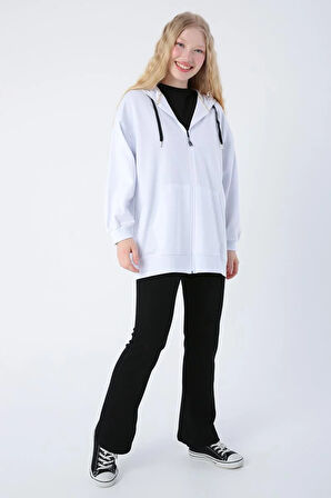 Beyaz-Pamuklu Oversize Kapüşonlu Sweat Hırka