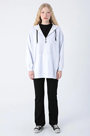 Beyaz-Pamuklu Oversize Kapüşonlu Sweat Hırka