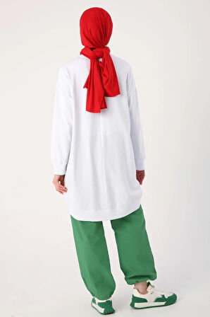 Beyaz-Yanları Pileli Ribanalı Sweat Tunik