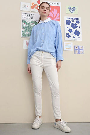 Kırık Beyaz-Pamuklu Ütü İzli Cepli Likralı Dar Paça Pantolon