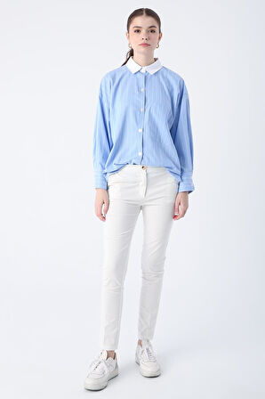 Kırık Beyaz-Pamuklu Ütü İzli Cepli Likralı Dar Paça Pantolon