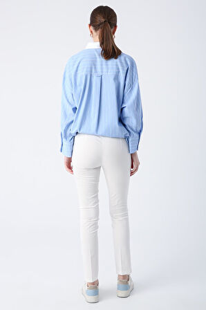 Kırık Beyaz-Pamuklu Ütü İzli Cepli Likralı Dar Paça Pantolon