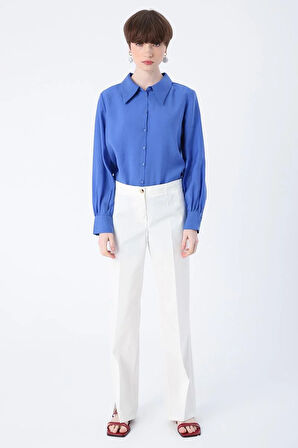 Kırık Beyaz-Pamuklu Ütü İzli Paçası Yırtmaçlı Likralı Bol Paça Pantolon