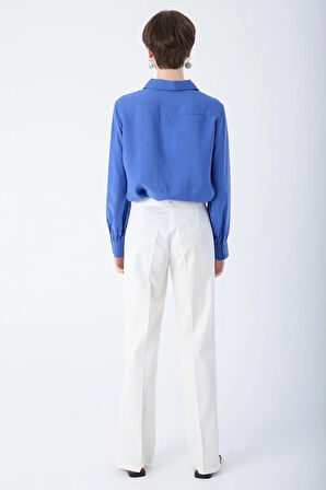 Kırık Beyaz-Pamuklu Ütü İzli Paçası Yırtmaçlı Likralı Bol Paça Pantolon