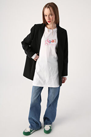Beyaz-%100 Pamuk Bisiklet Yaka Baskılı T-Shirt Tunik