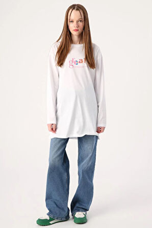 Beyaz-%100 Pamuk Bisiklet Yaka Baskılı T-Shirt Tunik
