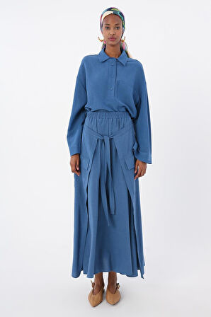 İndigo-Beli Lastikli Bağlama Detaylı Pamuklu Etek