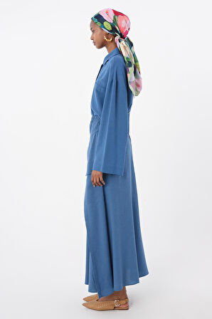 İndigo-Beli Lastikli Bağlama Detaylı Pamuklu Etek