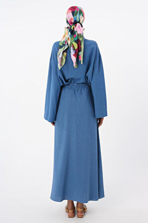 İndigo-Beli Lastikli Bağlama Detaylı Pamuklu Etek