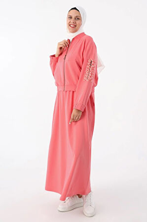 Gül Kurusu-Desenli Kumaş Garnili Etekli Takım