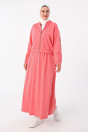 Gül Kurusu-Desenli Kumaş Garnili Etekli Takım