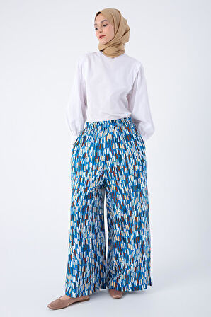 Koyu Mavi-Ekru-Baskılı Paçası Yırtmaçlı Beli Lastikli Wide Leg Viskon Keten Pantolon