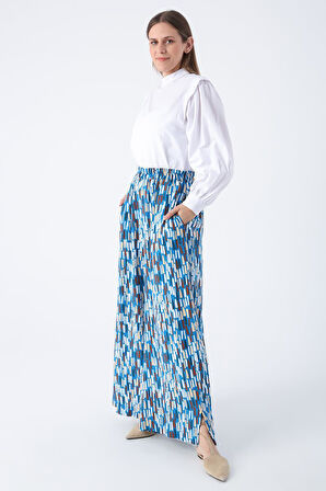 Koyu Mavi-Ekru-Baskılı Paçası Yırtmaçlı Beli Lastikli Wide Leg Viskon Keten Pantolon