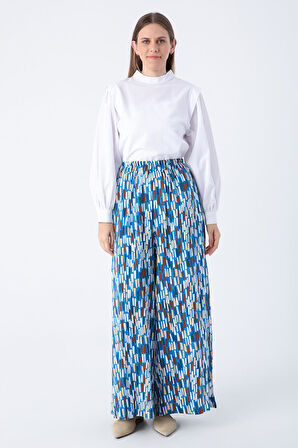 Koyu Mavi-Ekru-Baskılı Paçası Yırtmaçlı Beli Lastikli Wide Leg Viskon Keten Pantolon