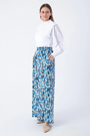 Koyu Mavi-Ekru-Baskılı Paçası Yırtmaçlı Beli Lastikli Wide Leg Viskon Keten Pantolon