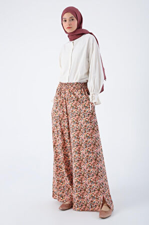 Somon-Kiremit-Baskılı Paçası Yırtmaçlı Beli Lastikli Wide Leg Viskon Keten Pantolon