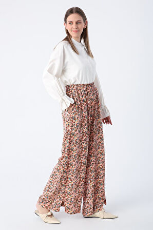 Somon-Kiremit-Baskılı Paçası Yırtmaçlı Beli Lastikli Wide Leg Viskon Keten Pantolon