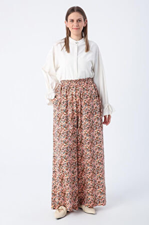 Somon-Kiremit-Baskılı Paçası Yırtmaçlı Beli Lastikli Wide Leg Viskon Keten Pantolon