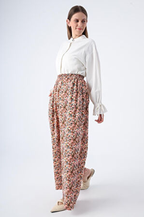 Somon-Kiremit-Baskılı Paçası Yırtmaçlı Beli Lastikli Wide Leg Viskon Keten Pantolon