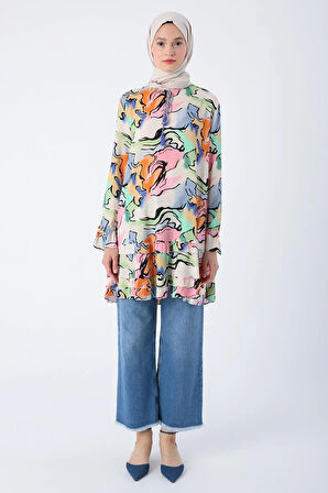 Açık Bej-Pembe-Yakası Kolları Ve Eteği Fırfırlı Fermuar Kapamalı Desenli Viskon Tunik