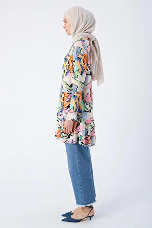 Açık Bej-Pembe-Yakası Kolları Ve Eteği Fırfırlı Fermuar Kapamalı Desenli Viskon Tunik