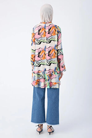 Açık Bej-Pembe-Yakası Kolları Ve Eteği Fırfırlı Fermuar Kapamalı Desenli Viskon Tunik