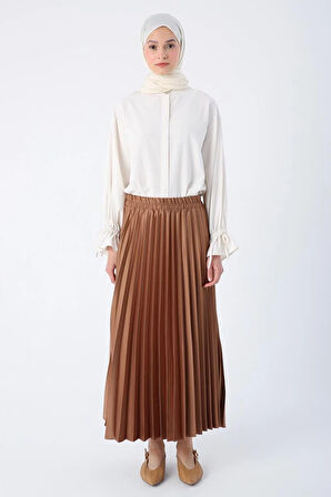 Bej-Beli Lastikli Piliseli Rahat Kalıp Saten Etek