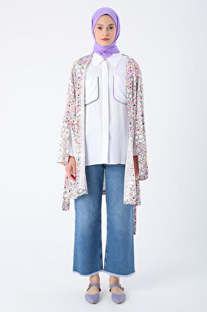 Beyaz-Pembe-Oversize Kol Yırtmaç Detaylı Kuşaklı Desenli Kimono